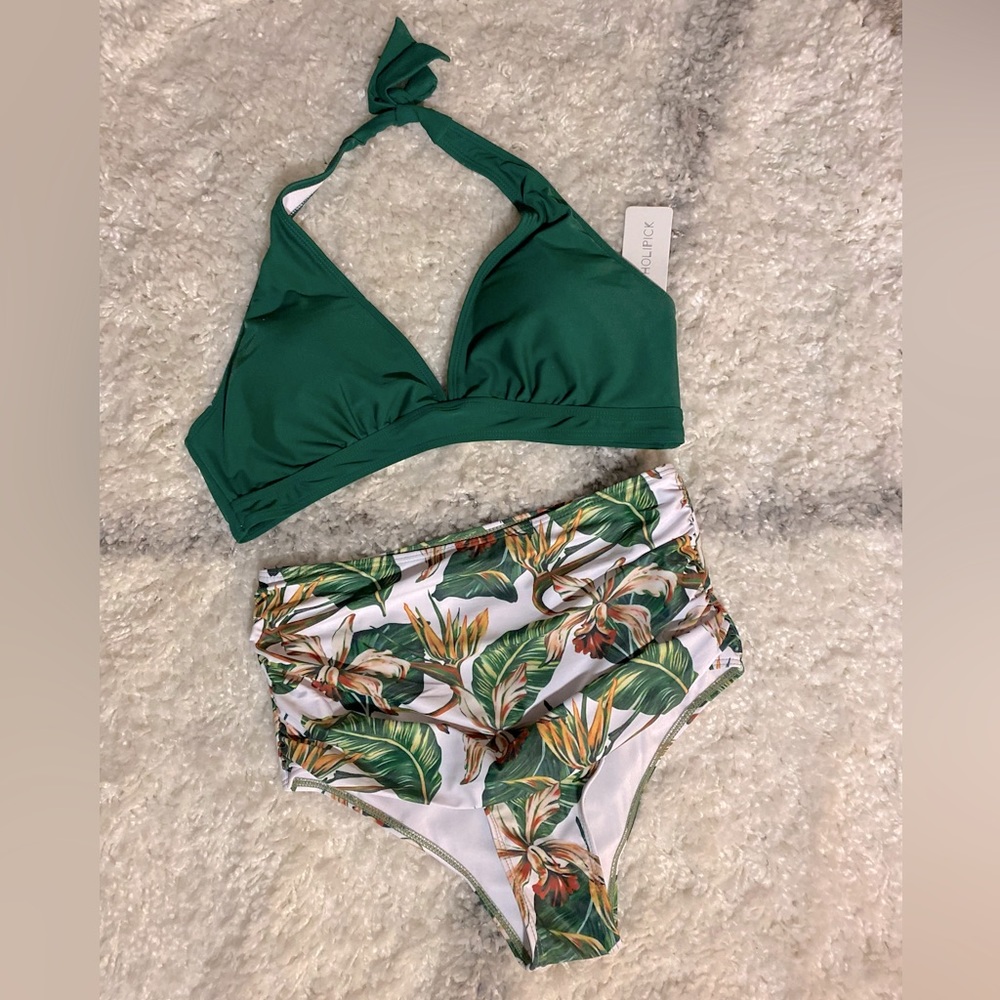 Sexy swimwear emerald green, white & tropical print women’s bikini size XL NWT